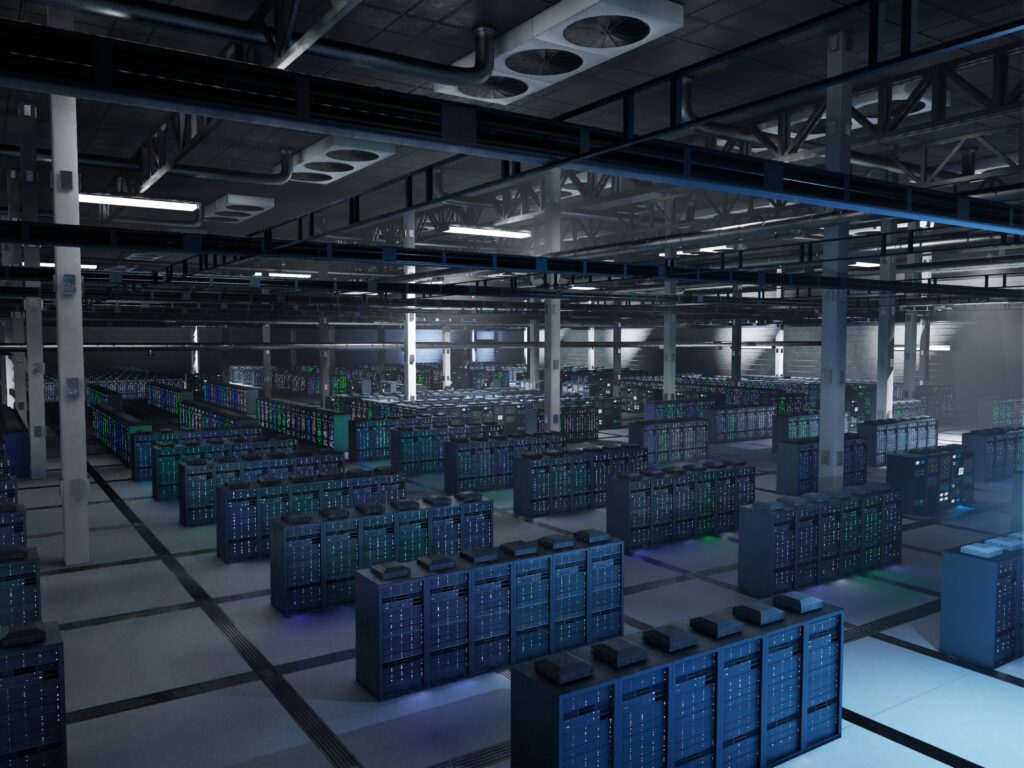 Dimly lit facility running deep learning platforms and neural networks training in dark environment. Server systems handling massive datasets for machine learning, 3D rendering